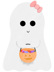 A friendly cartoon ghost with a trick-or-treat basket, ideal for Halloween celebrations