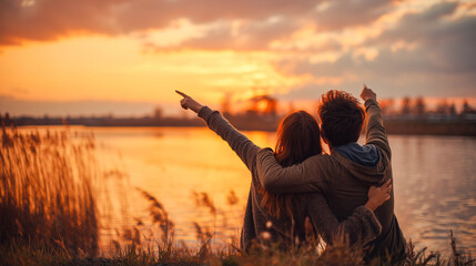Happy couple enjoying romantic sunset by the lake, embracing and pointing