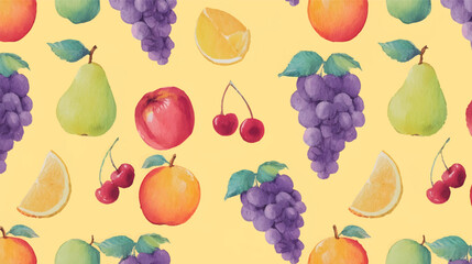 A colorful pattern featuring various fruits including watermelon, pears, lemons, and strawberries, surrounded by green leaves on a light background