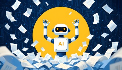 Embrace AI Automation A robot effortlessly processes paperwork in a digital world, promising a future of efficiency and technological advancement