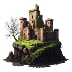 Ancient stone castle on a rocky cliff with green grass