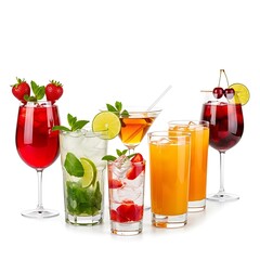 Assorted refreshing cocktails and drinks with fruit garnishes