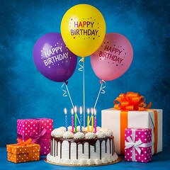 Birthday cake with lit candles and gifts and balloons