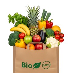 Brown paper bag overflowing with fresh fruits and vegetables
