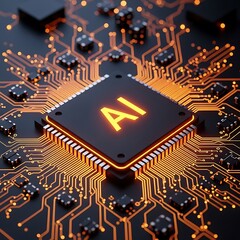 Central A I processor on glowing orange circuit board