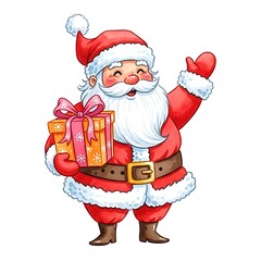 Cheerful Santa Claus holding a gift box and waving
