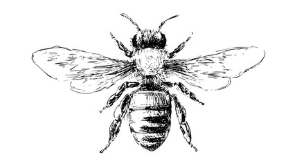 Detailed illustration of a bee with yellow and black stripes, wings spread, showcasing intricate line work and textures