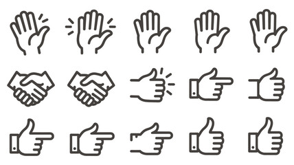 A set of black outline icons showing various human hand gestures like waving, shaking hands, thumbs up, and pointing.
