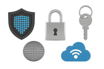 A set of icons representing cybersecurity, data protection, and cloud networking concepts on a white background.
