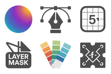 A collection of six flat icons representing various graphic design tools and concepts.