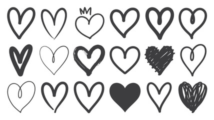 A diverse collection of eighteen hand-drawn heart illustrations in various doodle and sketch styles on a white background.