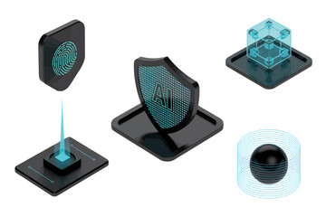 Set of isometric icons illustrating concepts of artificial intelligence, cybersecurity, and futuristic data protection.