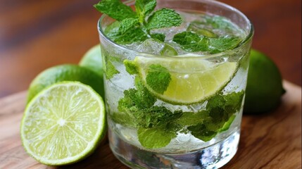 Cool mint and lime cocktail sits on a wooden surface surrounded by fresh limes and ice cubes.