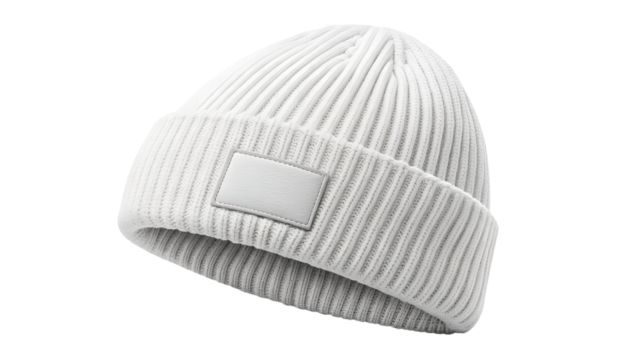 A white ribbed knit beanie hat with a blank patch for customization isolated on transparent background