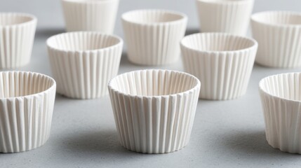 White paper baking cups are organized in rows on a smooth gray surface perfect for baking.