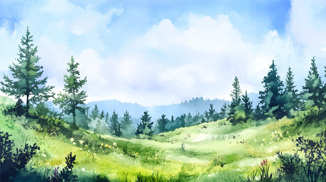 A serene landscape featuring lush green meadows and tall pine trees under a bright blue sky with fluffy clouds. Watercolor pine trees forest illustration