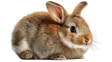 Obraz premium A close-up of a cute, fluffy baby rabbit with soft brown and white fur, sitting on a plain white background.