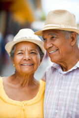Obraz premium hispanic elderly couple walking down the street, enjoying sun, closeup on their faces