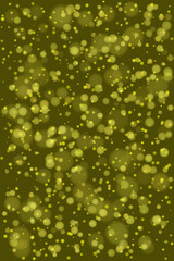 Vibrant golden yellow bokeh circles and tiny glowing dots scattered on a rich dark green surface, offering a dreamy abstract pattern for festive designs