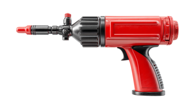 A futuristic red and black toy ray gun with metallic details on a clean white background.