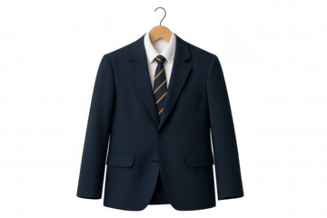 Corporate suit jacket with white shirt and striped tie hanging, preparing for business formal event