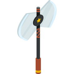 Naklejka premium Pixel Art Two Sided Axe With A Star Emblem And Orange Grip On A Transparent Background