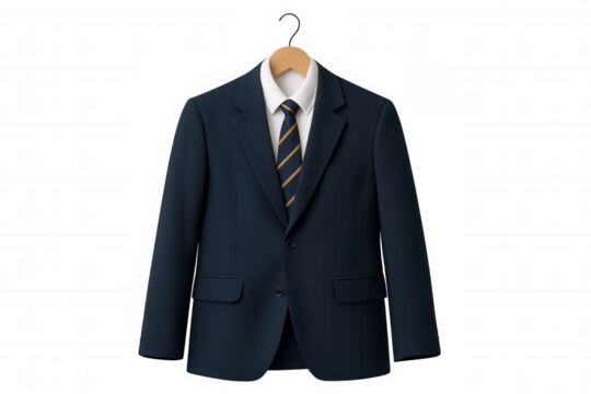 Corporate suit jacket with white shirt and striped tie hanging, preparing for business formal event