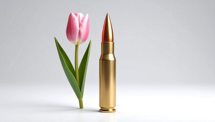 Delicate pink tulip stands alongside a golden bullet, symbolizing the contrast between peace and violence in a minimalist setting. This powerful image encourages reflection.