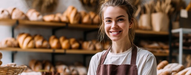 The baker smiling in an artisan bakery surrounded by fresh bread and shelves