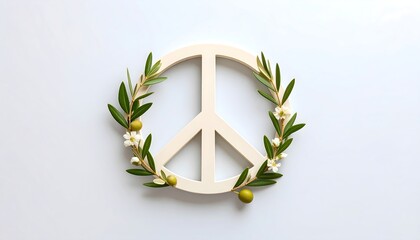 Peace symbol surrounded by olive greenery and flowers represents harmony and non-violence in a calm setting