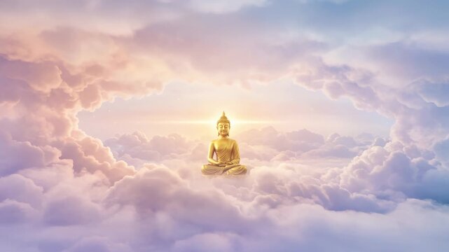 Golden buddha statue meditating peacefully on ethereal clouds with a bright spiritual light, divine wisdom concept, religious footage.