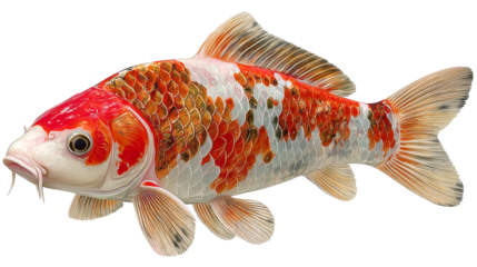 A vibrant orange and white koi fish with intricate scales, isolated on a clean white background.