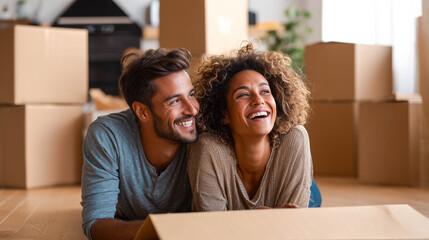 Joyful couple unboxes possessions in their first home, marking a life milestone. Their authentic happiness radiates, encapsulating the pride of home ownership