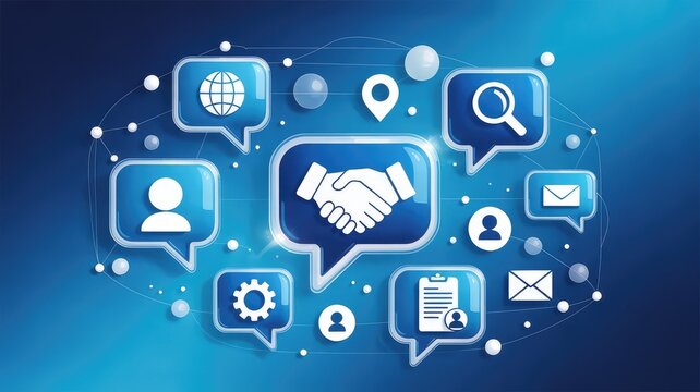 Modern business network connecting people with email, handshake, gear and search icons on blue background