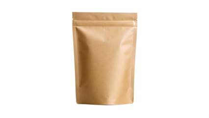 A plain brown kraft paper stand up pouch with a resealable zipper closure isolated on transparent background