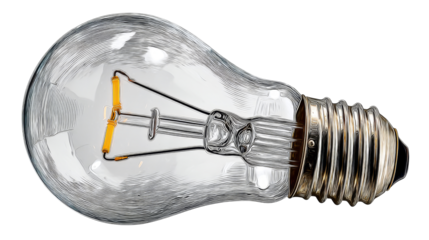 Clear glass incandescent light bulb with visible filament and screw base on white background.