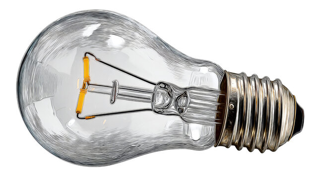 Clear glass incandescent light bulb with visible filament and screw base on white background. - Powered by Adobe