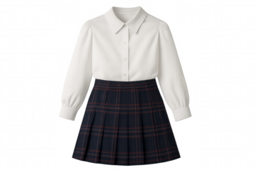 School uniform set featuring white long-sleeve blouse and navy blue plaid pleated skirt, preparing for autumn education