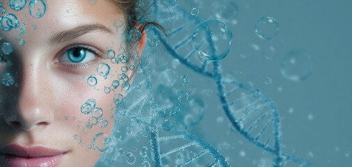 Young woman with beautiful skin and blue eyes is surrounded by water bubbles and DNA strands, symbolizing freshness and science