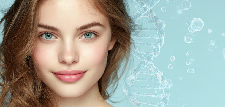 Young woman with glowing skin and clear facial features is shown against blue background with DNA helix and bubbles - Powered by Adobe