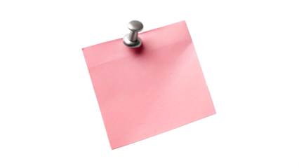 A single pink sticky note attached to a silver pushpin isolated on transparent background