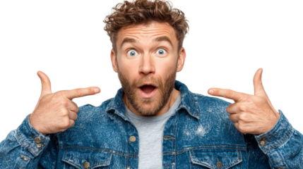 A man with a surprised expression points at himself, wearing a denim jacket against a white background.