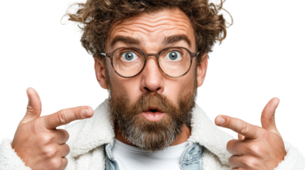 A curious, surprised man with messy curly hair, a beard, and round glasses points at himself with wide eyes and a bewildered expression.