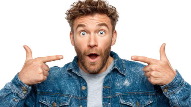 A man with a surprised expression points at himself, wearing a denim jacket against a white background.
