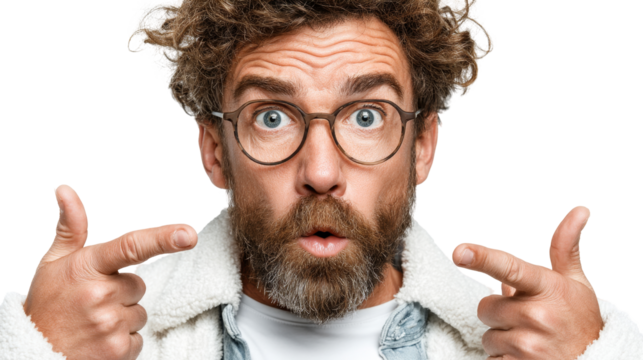 A curious, surprised man with messy curly hair, a beard, and round glasses points at himself with wide eyes and a bewildered expression.