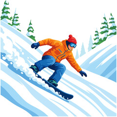 An illustration of a person snowboarding down a snowy mountain slope, wearing an orange jacket, blue pants, and a red beanie, with pine trees in the background.
