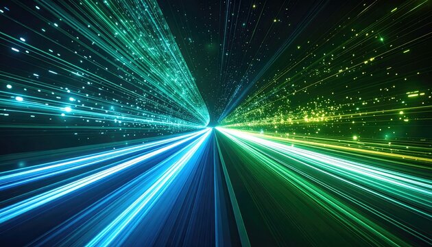 Digital Data Stream Abstract Background With Blue and Green Light Trails Speeding Towards Center In Dark Environment Futuristic Concept