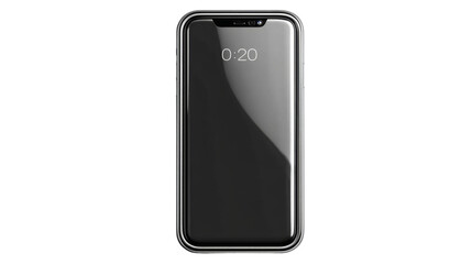 Naklejka premium Modern smartphone with a shiny black screen displaying time, placed on a clean white background.