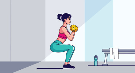 Dynamic woman doing squats with dumbbell in modern gym - empowering workout for fitness blogs and healthy lifestyle campaigns, weight training illustration