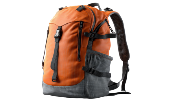 An orange and grey outdoor backpack with black straps and buckles, isolated on a white background.